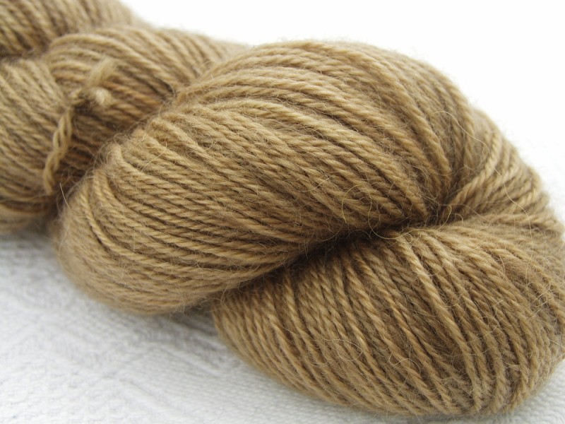 Light golden brown (oak) hand-dyed Wensleydale DK/ Double Knit yarn. Hand-dyed by Triskelion Yarn