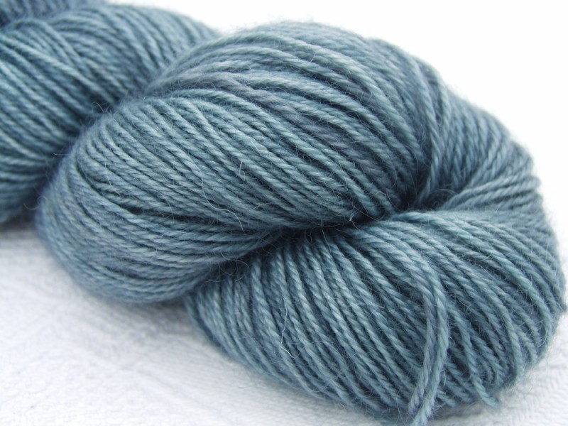 Cool pale blue-grey hand-dyed Wensleydale DK/ Double Knit yarn. Hand-dyed by Triskelion Yarn