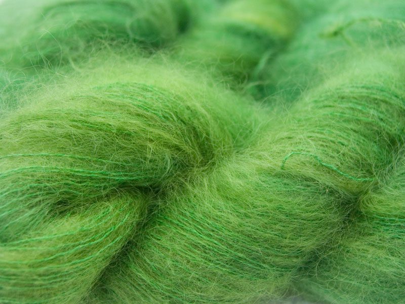 Grassy green kidsilk laceweight yarn. Hand-dyed by Triskelion Yarn