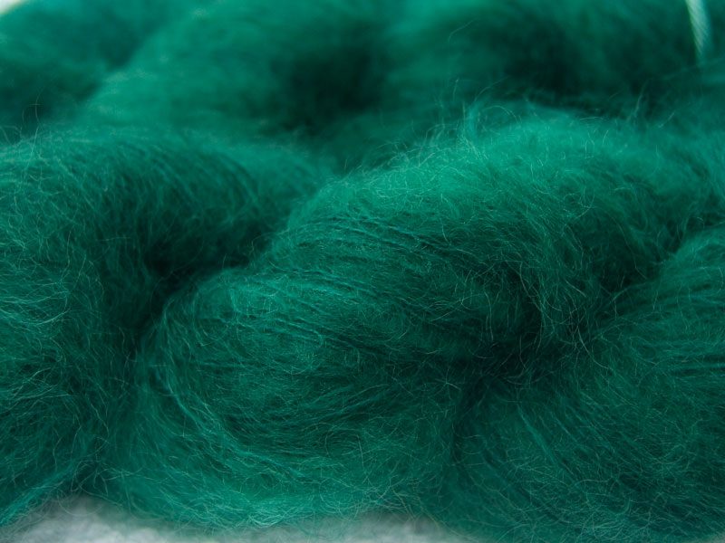 Emerald green kidsilk laceweight yarn. Hand-dyed by Triskelion Yarn