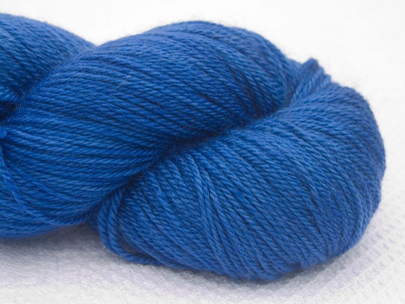 Blue Bluefaced Leicester, silk & cashmere 4-ply yarn. Hand-dyed by Triskelion Yarn.