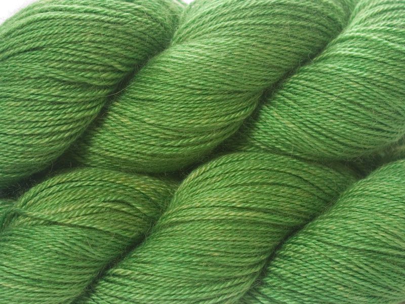 Green Baby Alpaca Silk & Cashmere 4-ply yarn. Hand-dyed by Triskelion Yarn.