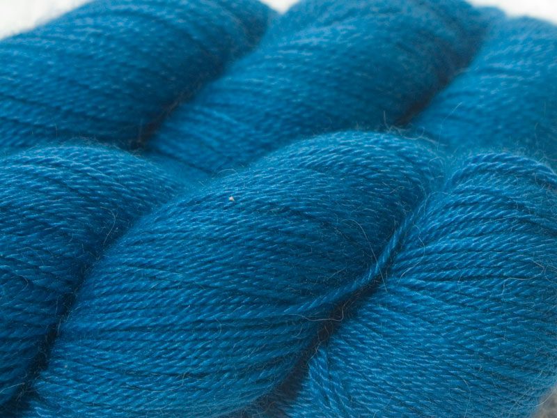 Blue Baby Alpaca Silk & Cashmere 4-ply yarn. Hand-dyed by Triskelion Yarn.