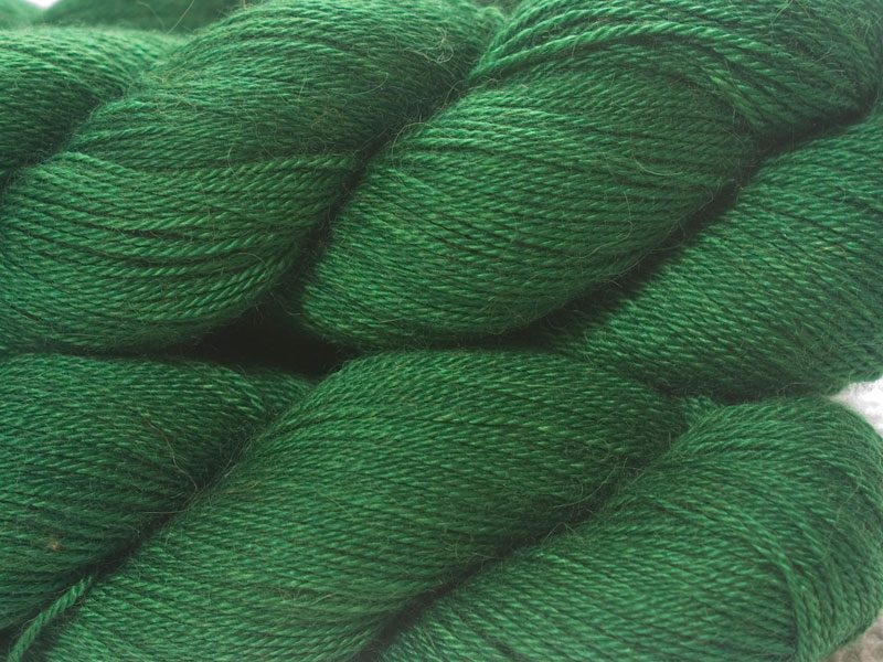 Green Baby Alpaca Silk & Cashmere 4-ply yarn. Hand-dyed by Triskelion Yarn.
