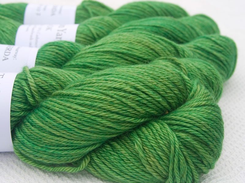 Green Baby Alpaca Silk & Cashmere double-knit yarn. Hand-dyed by Triskelion Yarn.
