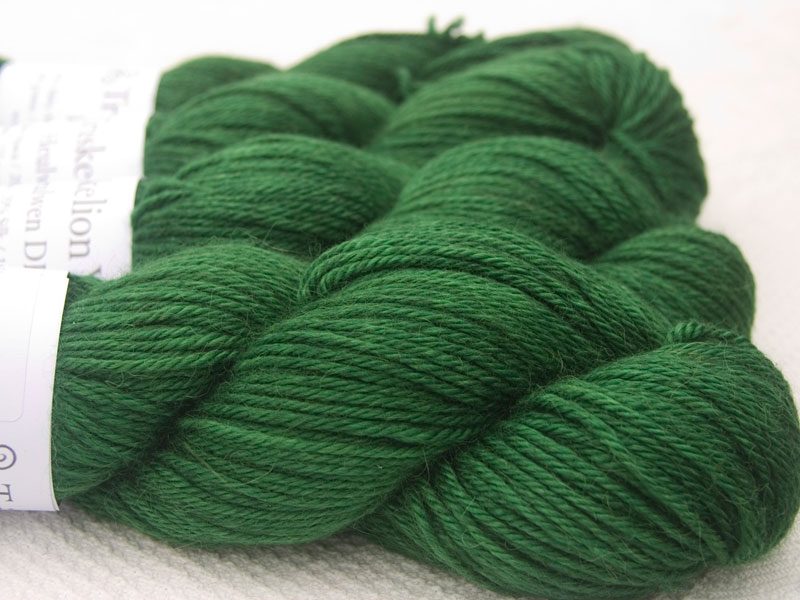 Green Baby Alpaca Silk & Cashmere double-knit yarn. Hand-dyed by Triskelion Yarn.
