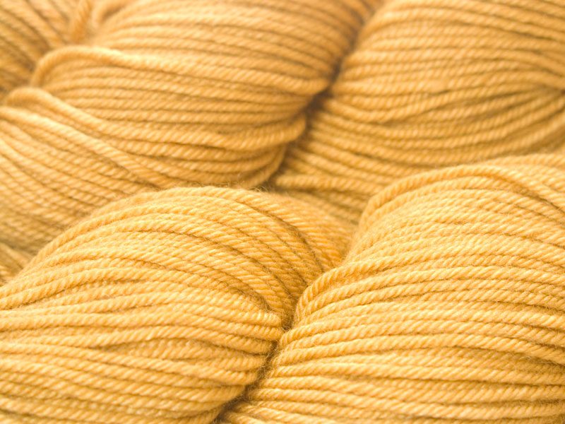 Sandy golden yellow Bluefaced Leicester, silk & cashmere double knit yarn. Hand-dyed by Triskelion Yarn.