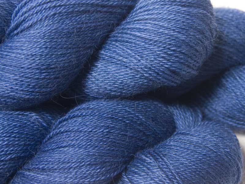 Semi-solid deep cornflower blue Baby Alpaca Silk & Cashmere 4-ply yarn. Hand-dyed by Triskelion Yarn.