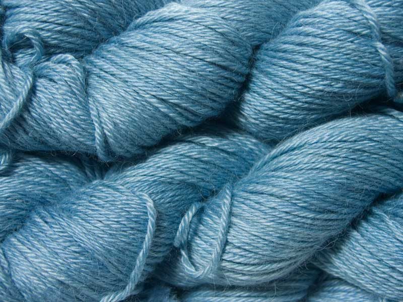 Light sky blue Baby Alpaca Silk & Cashmere double-knit yarn. Hand-dyed by Triskelion Yarn.