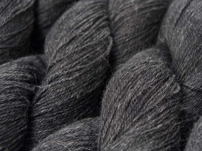 Charcoal grey Baby Alpaca, silk and linen 4-ply yarn. Hand-dyed by Triskelion Yarn.
