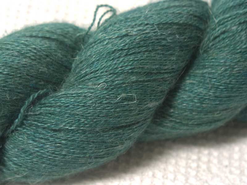 Mid-tone blue-green Baby Alpaca, silk and linen laceweight yarn. Hand-dyed by Triskelion Yarn.
