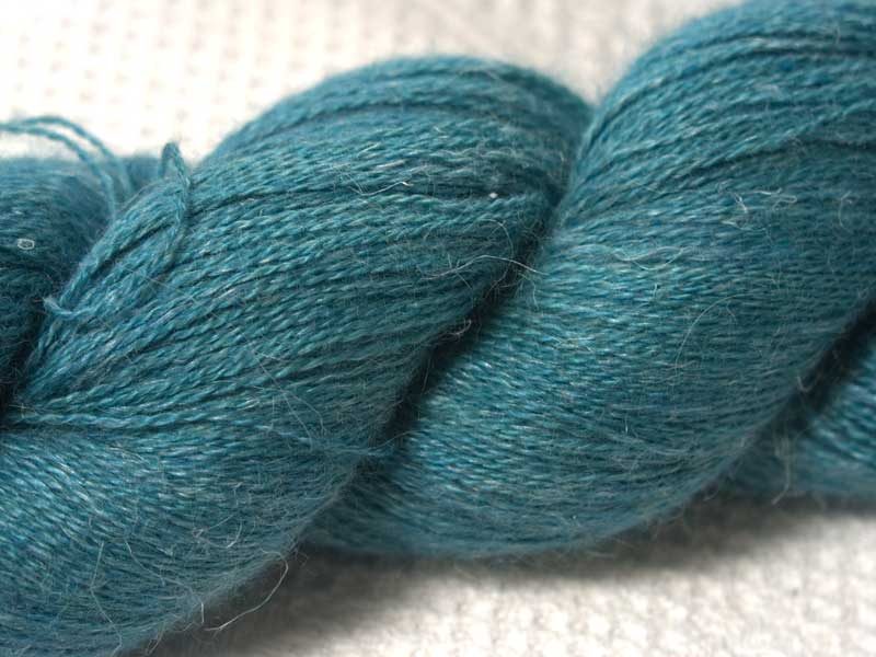 Mid-tone turquoise green Baby Alpaca, silk and linen laceweight yarn. Hand-dyed by Triskelion Yarn.