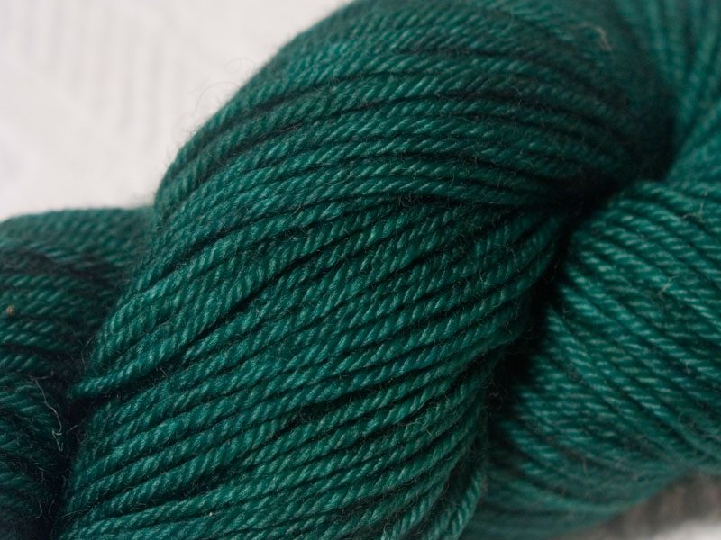 Dark green superwash Bluefaced Leicester (BFL) double knit yarn. Hand-dyed by Triskelion Yarn