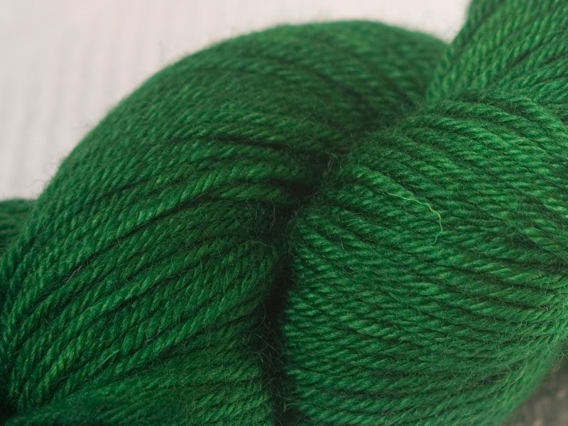 Semi-solid deep woodland green superwash Bluefaced Leicester (BFL) double knit yarn. Hand-dyed by Triskelion Yarn