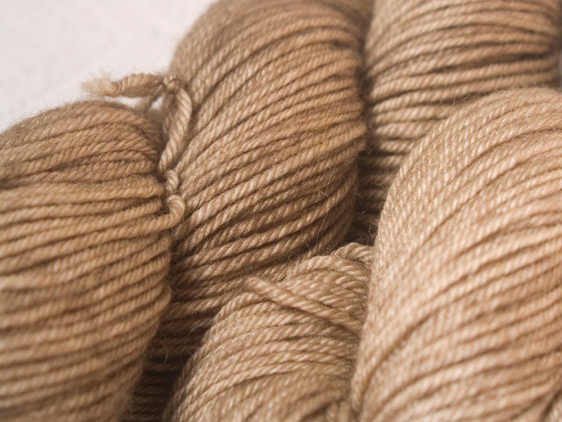 Semi-solid to solid cool light brown superwash Bluefaced Leicester (BFL) double knit yarn. Hand-dyed by Triskelion Yarn