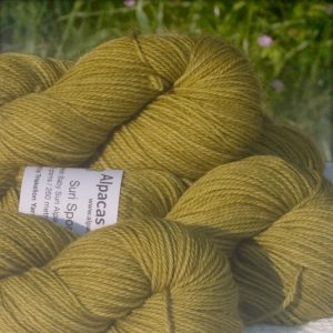 Alpacas of Wales semi-solid moorland green-yellow Suri & Baby Alpaca sport weight yarn. hand dyed by Triskelion Yarn
