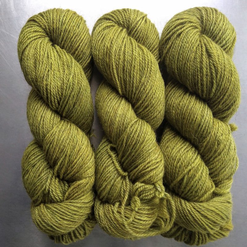 Frea - Semi-solid chartreuse green, with ochre and spring green tones Bluefaced Leicester (BFL) / Gotland dlouble knit (DK) yarn. Hand-dyed by Triskelion Yarn