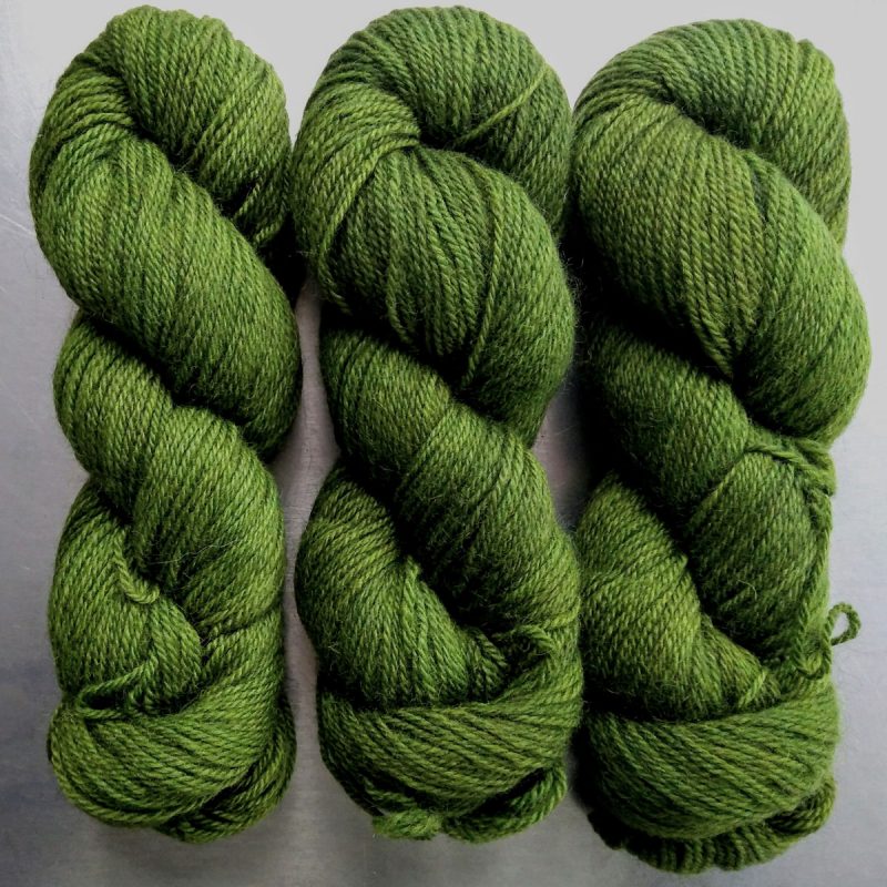 Seal Grove - Semi-solid foliage green, with ochre and olive tones Bluefaced Leicester (BFL) / Gotland dlouble knit (DK) yarn. Hand-dyed by Triskelion Yarn