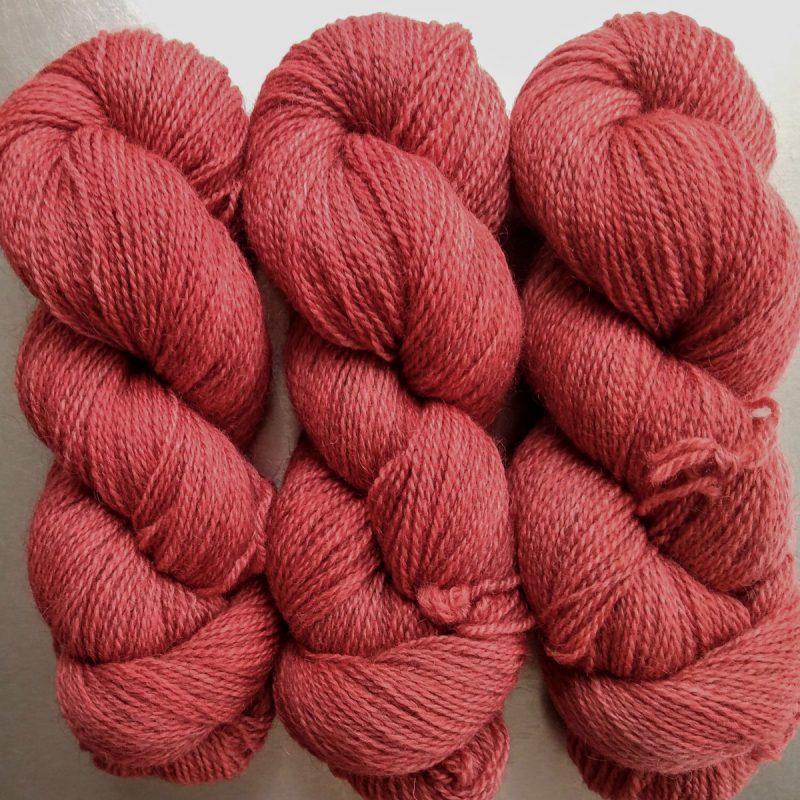 Rowanberry - Mid-tone coral/vermilion Bluefaced Leicester (BFL) / Gotland 4-ply (fingering) yarn. Hand-dyed by Triskelion Yarn