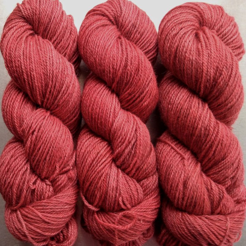 Rowanberry - Mid-tone coral/vermilion Bluefaced Leicester (BFL) / Gotland dlouble knit (DK) yarn. Hand-dyed by Triskelion Yarn