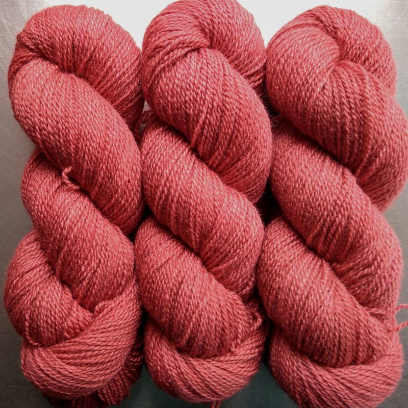 Coral - mid-tone pink-orange Bluefaced Leicester / silk 4-ply yarn. Hand-dyed by Triskelion Yarn.