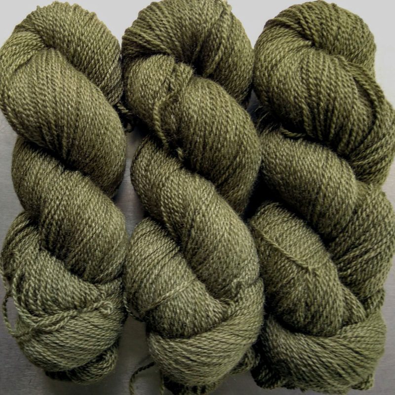 Moss - dark khaki green Bluefaced Leicester / silk 4-ply yarn. Hand-dyed by Triskelion Yarn.