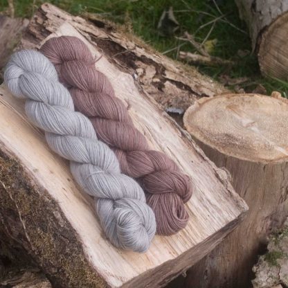 Grey and taupe baby alpaca 4-ply/fingering/sock yarn. Hand-dyed by Triskelion Yarn